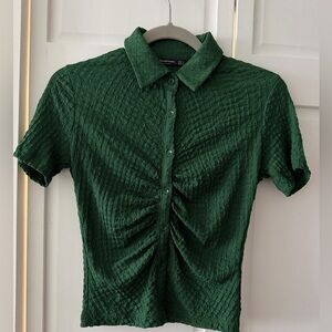NWOT Stradivarius Ruched Textured Top in Deep Green – Size S